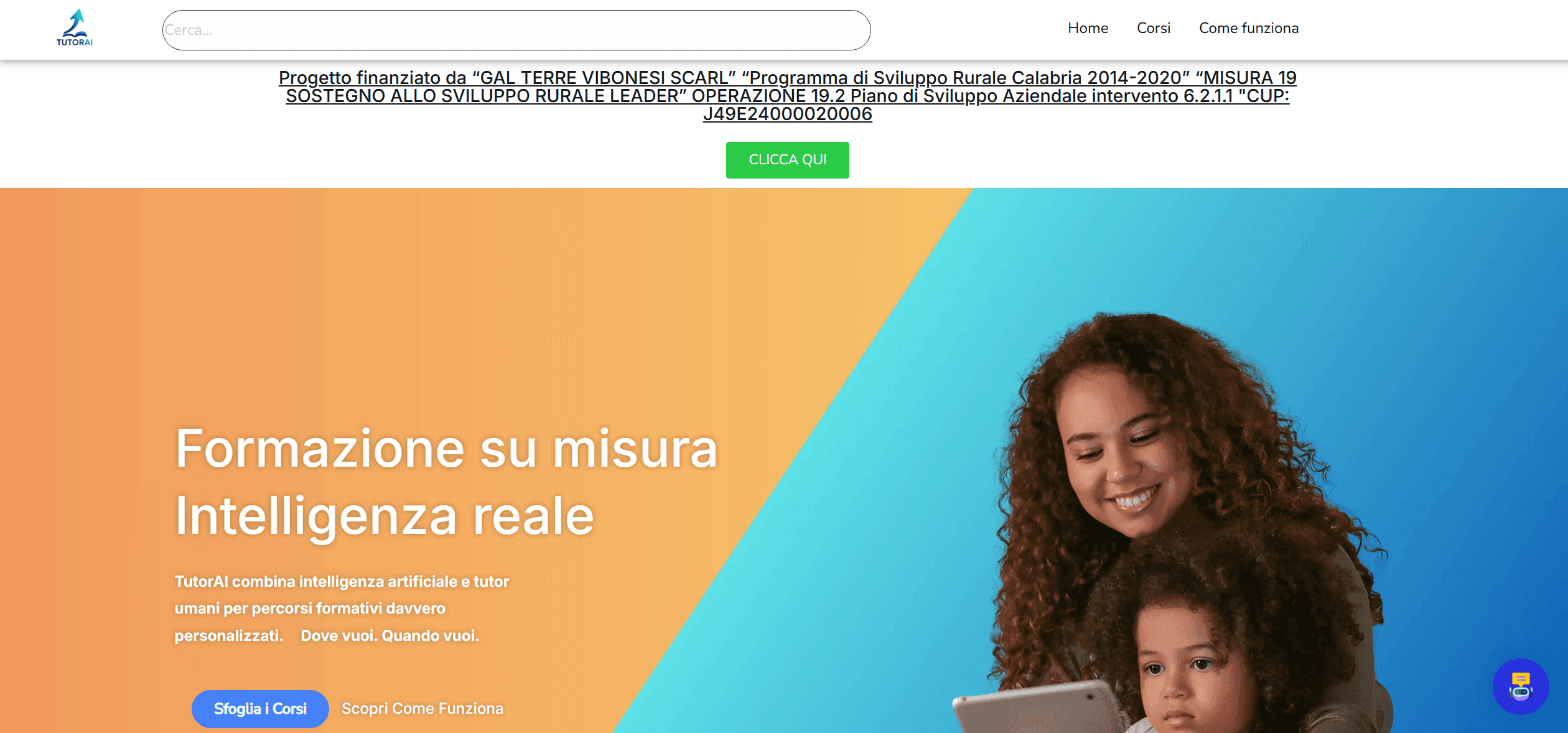 Homepage di TutorAI con il titolo «Formazione su misura, Intelligenza reale» e i pulsanti «Sfoglia i corsi» e «Scopri come funziona»