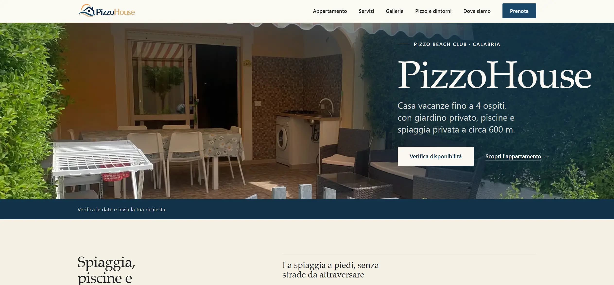 Homepage di PizzoHouse: la veranda dell'appartamento con il titolo «PizzoHouse» e il pulsante «Verifica disponibilità»