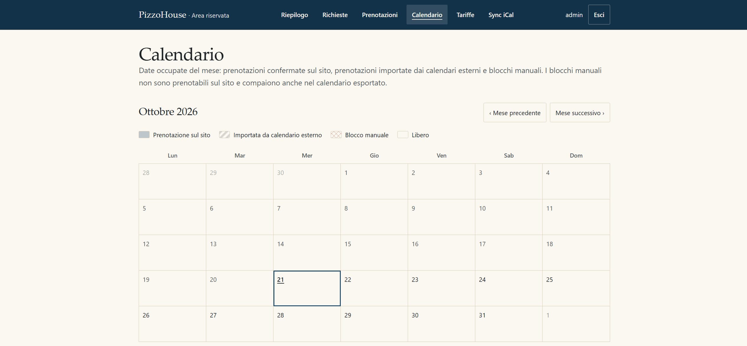 Vista mensile del calendario nell'area riservata di PizzoHouse, con la legenda che distingue le origini delle date occupate